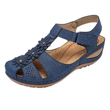 Imagem de Sandálias femininas femininas com bico do tornozelo macias e confortáveis sapatos de sola oca redonda feminina esportiva sandálias femininas, Azul, 7.5