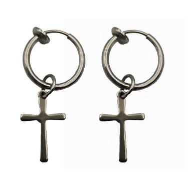 Imagem de Brinco Masculino Argola Falso Pressão com Pingente Cruz 1 par