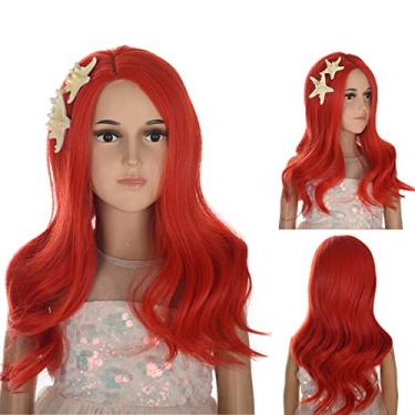 Imagem de Peruca Princesa Sereia Coraline Crianças Meninas Vermelho Longo Encaracolado Peruca de Festa de Halloween com Presilhas de Cabelo Estrela do Mar