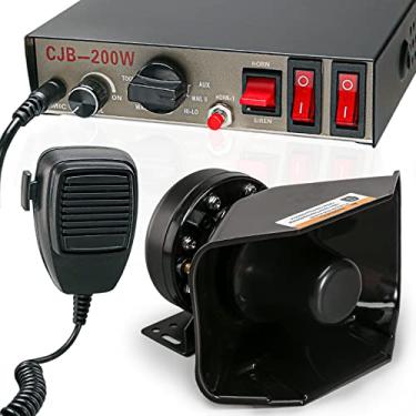 Imagem de BooYu Sistema PA 12V 200W 9 tons de alerta policial sirene de emergência [alto-falante com design de 180°][125-135dB][microfone de mão][2 interruptores de 15A] para veículos de ambulância de bombeiros SUV ATV UTV