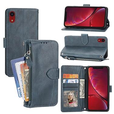 Imagem de Capa tipo carteira 2 em 1 compatível com iPhone XR, carteira multi-cartão com zíper, capa para telefone, carteira de couro com aleta, capa magnética, capa para telefone com alça de pulso (Color : Blu