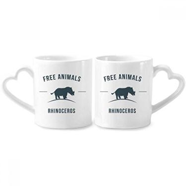 Imagem de Conjunto de canecas de porcelana para casal, desenho rinoceronte, desenho animado, contorno azul, coração