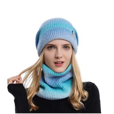 Imagem de WOULDWIN Conjunto de cachecol gorro de inverno 2 peças,gorro de caveira quente forrado com babador grosso de malha térmica masculina feminina unissex-Azul