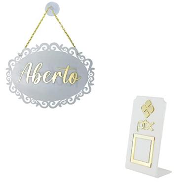 Imagem de Kit Placa Aberto/Fechado Retrô + Display Pix Qr-Code Acrílico 15x9cm Branco/Dourado