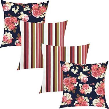 Imagem de Kit 4 Capas de Almofadas Composê Imperial Marinho Rosas com Listrado 45x45cm