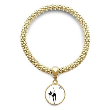 Imagem de DIYthinker Pulseira dourada com pingente redondo e pingente de gato preto para dia das bruxas com desenho de animal