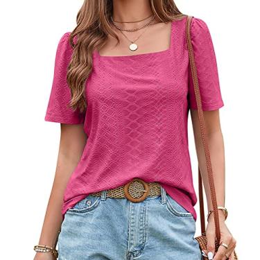 Imagem de Camiseta feminina de verão manga curta ajuste solto blusa manga quadrada oca doce camisa tops para usar com leggings, rosa vermelha, GG