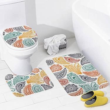 Imagem de Conjunto de 3 peças de tapetes de banheiro coloridos paisley, motivos étnicos, tapete de banheiro lavável, antiderrapante, tapete de contorno e tampa para banheiro