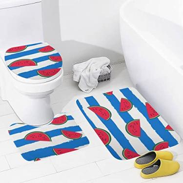 Imagem de Conjunto de tapetes de banheiro 3 peças vermelho melancia azul branco listrado tapete de banheiro lavável tapete antiderrapante tapete de contorno e tampa para banheiro