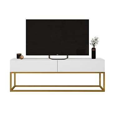 Imagem de Rack Para TV Ate 50 Polegadas Eros 1,40cm com 2 gavetas Pé de Ferro Dourado Estilo Industrial Moderno (Branco)
