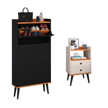 Imagem de Kit Quarto Sapateira Vertical 3 Gavetas Basculantes Dark Preto/Cinamomo e Mesinha Lateral Pequena com Nicho Organizador Dream Off White/Cinamomo – RPM