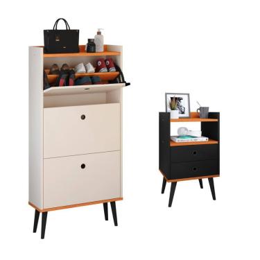 Imagem de Kit Quarto Sapateira Vertical 3 Gavetas Basculantes Dark Off White/Cinamomo e Mesinha Lateral Pequena Nicho Organizador Dream Preto/Cinamomo – RPM