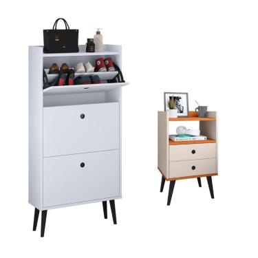 Imagem de Kit Quarto Sapateira Vertical 3 Gavetas Basculantes Dark Branco e Mesinha Lateral Pequena Nicho Organizador Dream Off White/Cinamomo – RPM