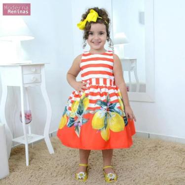 Imagem de Vestido Infantil Festa Floral Laranja Com Frutas Cítricas  Limão - Mod