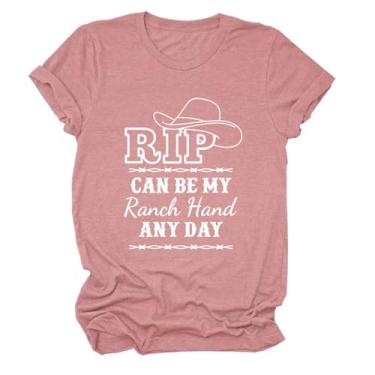 Imagem de Rip Can Be My Ranch Hand Any Day Camiseta feminina com padrão de chapéu jeans engraçado com dizeres estampados camisetas country music pulôver tops, Letra branca, ouro rosa, GG