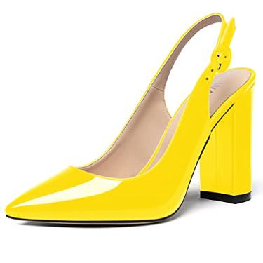 Imagem de WAYDERNS Sapatos femininos de couro envernizado bico fino tira no tornozelo salto alto bloco sapatos sexy vestido de casamento 4 polegadas, Amarelo, 8.5