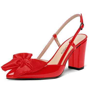 Imagem de WAYDERNS Vestido feminino nupcial fivela bico fino laço patente Slingback tornozelo tira bloco sólido salto alto grosso salto alto sapatos 9,5 cm, Vermelho, 8