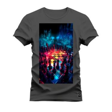 Imagem de Camiseta Premium 100% Algodão Estampada Shirt Unissex Xadrez Grafite P