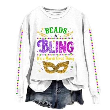 Imagem de Moletom feminino Mardi Gras com estampa de bolo King Tops casuais bonitos roupas de festa terça-feira gorda camisa de manga comprida, Miçangas brancas, 3G