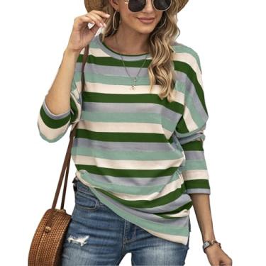 Imagem de Pissente Camiseta feminina com estampa listrada gola redonda manga longa ajuste solto blusa casual com contraste de cor para a vida diária, Verde, G