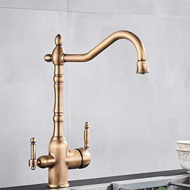 Imagem de Torneira dourada com filtro de cozinha, torneira de latão com rotação 360, purificação, alça dupla, modo de água quente e fria, latão antigo