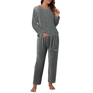 Imagem de ZHONKUI Pijama feminino casual, conjunto de pijama de lã coral, manga comprida e calça comprida canelada, Cinza, Tamanho Único