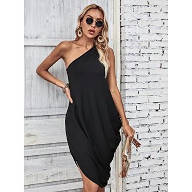 Imagem de Camisa Feminina One Shoulder Ruched Side Asymmetrical Hem Dress (Color : Black, Size : L)