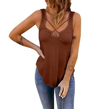Imagem de Camisetas femininas lisas para sair, tops grandes, sem mangas, sexy, tops de verão, camisas modernas de algodão, Café, 4G
