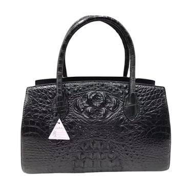 Imagem de Bolsa feminina clássica genuína de crocodilo com alça superior de couro de jacaré OL Lady Bolsa de trabalho feminina, Preto