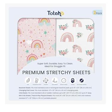 Imagem de TotAha Lençol de berço macio premium para meninos e meninas, lençol com elástico de malha, compatível com Halo, Maxi COSI, Mika Micky, SNOO e outros berços, pacote com 2 (arco-íris)