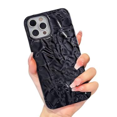 Imagem de Capa compatível com iPhone 13 Pro Max, capas de telefone plissadas de alumínio de design de luxo fofo moda feminina galvanizada preto brilhante protetor de silicone fino ajuste macio capa de TPU 6,7 polegadas