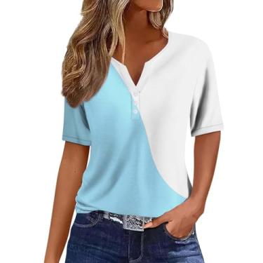 Imagem de Camisetas femininas 2024 verão Henley gola V cor sólida patchwork botão camisetas soltas confortáveis blusas modernas roupas, cáqui, M