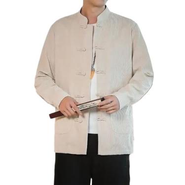 Imagem de Camiseta masculina tradicional chinesa de veludo cotelê de manga comprida Kung Fu Tai Chi uniforme primavera e outono retrô, Bege, GG