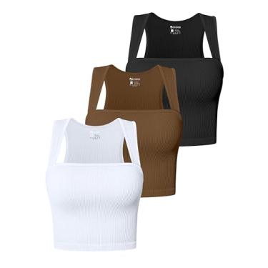 Imagem de OQQ Camiseta regata feminina com 3 peças, sem mangas, com tiras, gola quadrada, elástica, camiseta cropped, Preto, café, branco, P