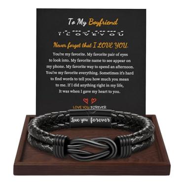 Imagem de Presentes de Natal para homens pulseira de couro marrom preto trançado Forever I Love You presentes para ele pulseiras de punho infinito presentes de aniversário para namorado filho neto marido pai homens meias de enchimento para meninos adolescentes, 8.5 Inches, Metal, Sem pedras preciosas