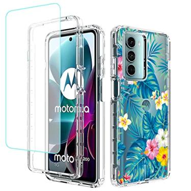 Imagem de sidande Capa para Moto G200 5G/Moto Edge S30 XT2175-2 com protetor de tela de vidro temperado, capa protetora de telefone TPU floral transparente para Motorola Moto G200 5G (flores e folhas)