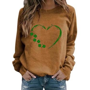 Imagem de Camiseta feminina de manga comprida Dia de São Patrício com estampa de coração de trevo verde camiseta casual, Caqui, 3G