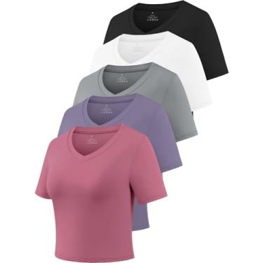 Imagem de Cosy Pyro Camisetas femininas cropped de manga curta e modelagem seca com gola V para ioga, Preto/Branco/Cinza/Roxo/Rosa Rosa, GG