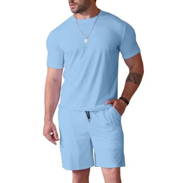 Imagem de Uni Clau Conjunto masculino de 2 peças, moda verão, agasalhos, casual, camisa e shorts, Azul-claro, GG