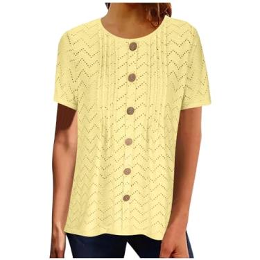 Imagem de Camisetas de gola redonda para mulheres outono inverno manga curta corte plissado cardigã top camiseta blusa feminina 2024, B-471 Amarelo Mostarda, XXG