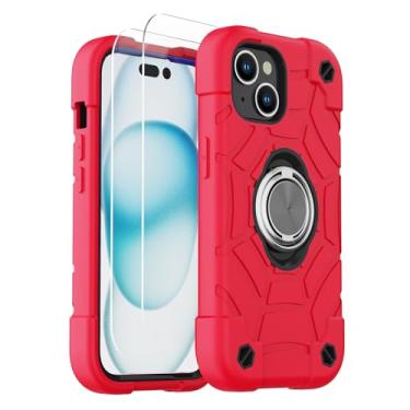 Imagem de KCJ Capa compatível com iPhone 15 Plus/14 Plus com [2 × protetores de tela] [suporte de anel] silicone macio + PC rígido proteção total de corpo inteiro capa de telefone resistente 6,7 polegadas (vermelho + preto)
