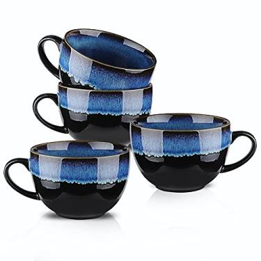 Imagem de KOOV Caneca de sopa de cerâmica, tigelas de sopa com alças seguras para micro-ondas, caneca jumbo de 680 g e canecas de cereais, conjunto de 4, esmalte reativo (azul nebulosa)