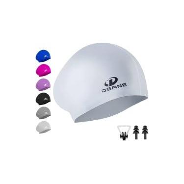 Imagem de Touca de natação de silicone feminina para cabelos longos, bonés de natação de silicone com design ergonômico 3D para mulheres crianças homens adultos meninos meninas com plugue de ouvido e clipe de nariz (cinza/M)