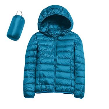 Imagem de Jaqueta feminina acolchoada para inverno, quente, leve, com capuz, caimento justo, casaco curto com capuz e capuz, A - azul, P