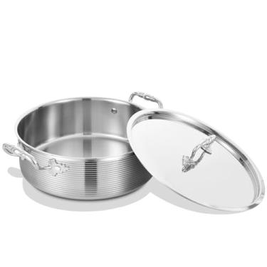 Imagem de Inqibee Frigideira de aço inoxidável de 3 litros com tampa de aço, frigideira de indução de 25,4 cm, braseiro, panela jumbo, lavável na lava-louças e no forno.