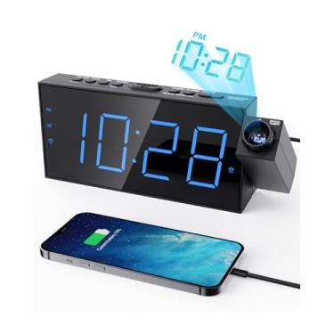 Imagem de Despertador de projeção para quarto, projeção de relógio digital de LED na parede do teto com carregamento de telefone USB, reserva de bateria, projetor e dimmer de 180°, 12/24H, DST, Snooze, relógio de cabeceira duplo alto para dormir pesado