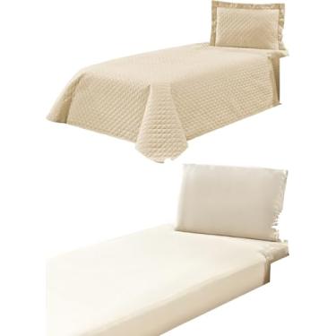 Imagem de Cobre Leito Colcha Solteiro Kaique, +Jogo de Lençol Solteiro Solene 4 Peças (Bege)