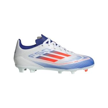 Imagem de adidas Tênis infantil unissex F50 League Bota de futebol Firm Ground (criança pequena), Branco/vermelho solar/azul lúcido, 4.5 Big Kid