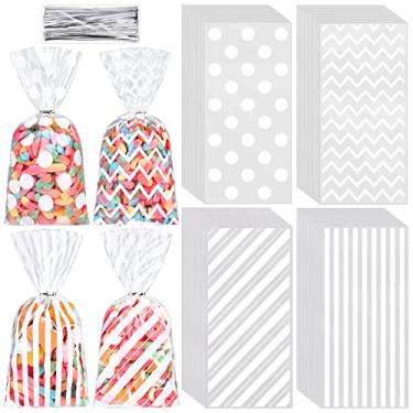Imagem de Aodaer 100 Peças 10,6 X 5,1 Em Sacos de Celofane Brancos Sacos de Plástico para Presentes de Doces Sacos de Celofane com Laços Torcidos Listras Bolinhas Padrão Impresso Sacos de Guloseimas para Lembra