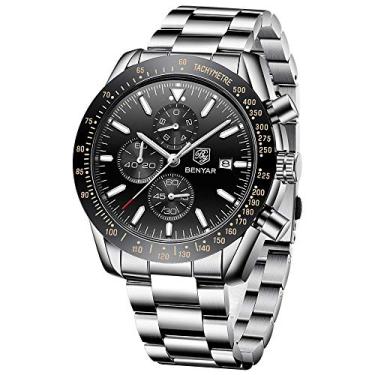Imagem de BENYAR – Relógio de pulso masculino com pulseira de silicone, movimento de quartzo, à prova d'água e resistente a arranhões, cronógrafo analógico de negócios, presente masculino, Prateado, preto,